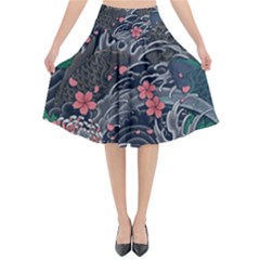 Japanese Wave Koi Illustration Seamless Pattern Flared Midi Skirt by Wegoenart