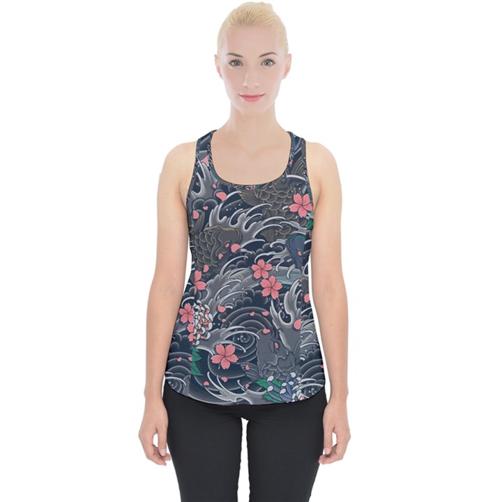 Japanese Wave Koi Illustration Seamless Pattern Piece Up Tank Top