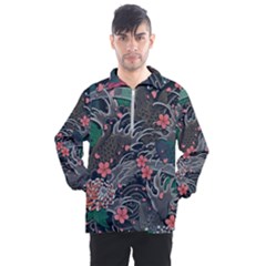 Japanese Wave Koi Illustration Seamless Pattern Men s Half Zip Pullover by Wegoenart