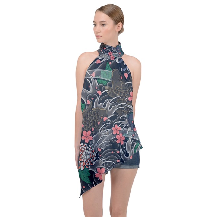 Japanese Wave Koi Illustration Seamless Pattern Halter Asymmetric Satin Top