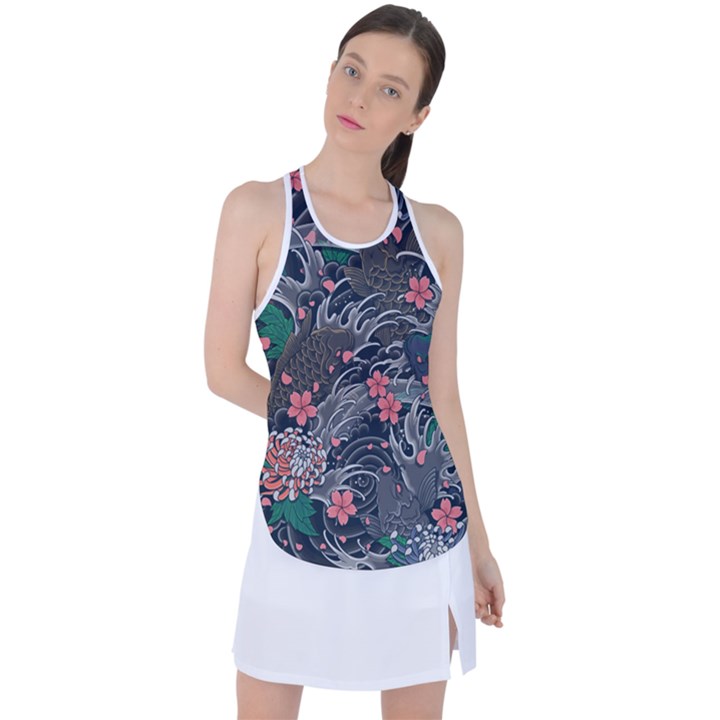 Japanese Wave Koi Illustration Seamless Pattern Racer Back Mesh Tank Top