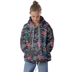 Japanese Wave Koi Illustration Seamless Pattern Kids  Oversized Hoodie by Wegoenart