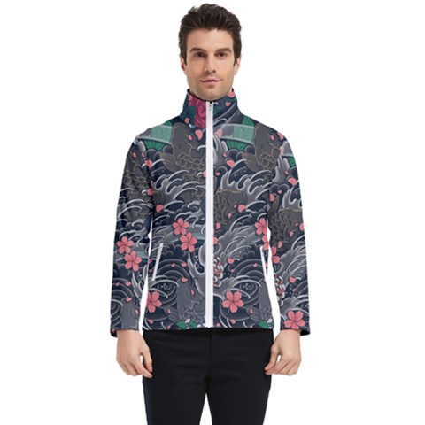 Japanese Wave Koi Illustration Seamless Pattern Men s Bomber Jacket by Wegoenart