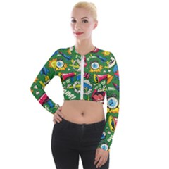 Pop Art Colorful Seamless Pattern Long Sleeve Cropped Velvet Jacket by Wegoenart