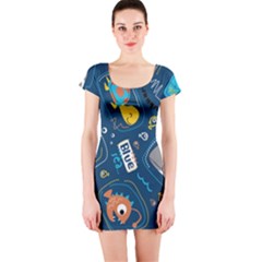 Seamless Pattern Vector Submarine With Sea Animals Cartoon Short Sleeve Bodycon Dress by Wegoenart