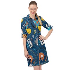 Seamless Pattern Vector Submarine With Sea Animals Cartoon Long Sleeve Mini Shirt Dress by Wegoenart