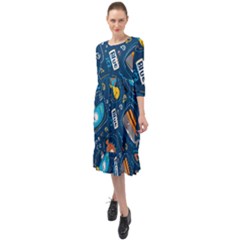 Seamless Pattern Vector Submarine With Sea Animals Cartoon Ruffle End Midi Chiffon Dress by Wegoenart