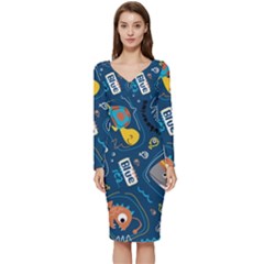 Seamless Pattern Vector Submarine With Sea Animals Cartoon Long Sleeve V-neck Bodycon Dress  by Wegoenart