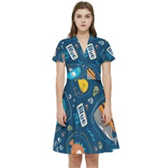 Seamless Pattern Vector Submarine With Sea Animals Cartoon Short Sleeve Waist Detail Dress by Wegoenart