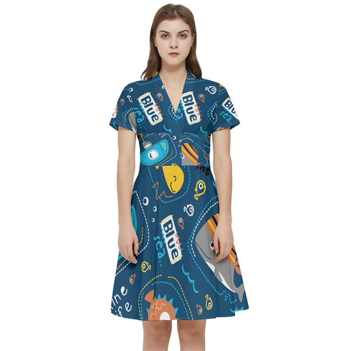 Seamless Pattern Vector Submarine With Sea Animals Cartoon Short Sleeve Waist Detail Dress