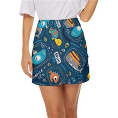 Seamless Pattern Vector Submarine With Sea Animals Cartoon Mini Front Wrap Skirt by Wegoenart