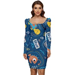 Seamless Pattern Vector Submarine With Sea Animals Cartoon Women Long Sleeve Ruched Stretch Jersey Dress by Wegoenart