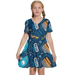 Seamless Pattern Vector Submarine With Sea Animals Cartoon Kids  Short Sleeve Tiered Mini Dress by Wegoenart