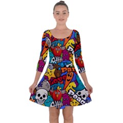 Graffiti Characters Seamless Pattern Quarter Sleeve Skater Dress