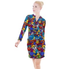 Graffiti Characters Seamless Pattern Button Long Sleeve Dress by Wegoenart