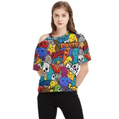 Graffiti Characters Seamless Pattern One Shoulder Cut Out Tee by Wegoenart