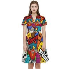 Graffiti Characters Seamless Pattern Short Sleeve Waist Detail Dress by Wegoenart