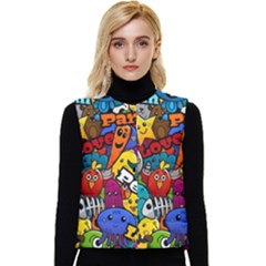 Graffiti Characters Seamless Pattern Women s Short Button Up Puffer Vest by Wegoenart