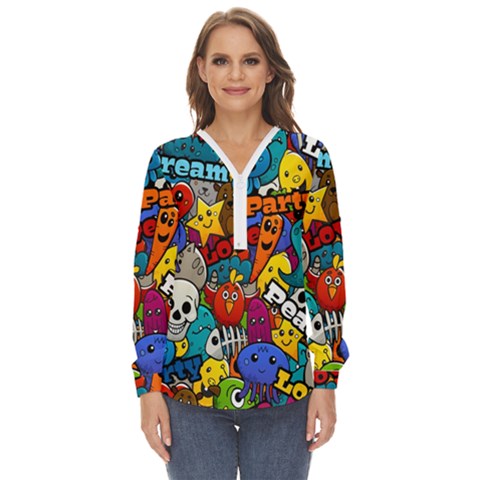 Graffiti Characters Seamless Pattern Zip Up Long Sleeve Blouse by Wegoenart