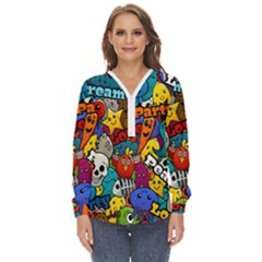 Graffiti Characters Seamless Pattern Zip Up Long Sleeve Blouse