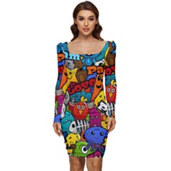 Graffiti Characters Seamless Pattern Women Long Sleeve Ruched Stretch Jersey Dress by Wegoenart