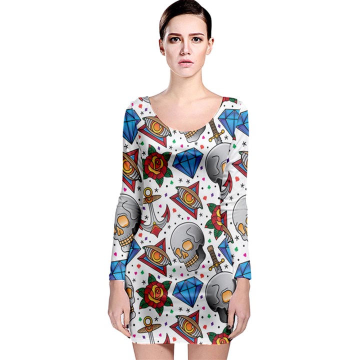 Full Color Flash Tattoo Patterns Long Sleeve Bodycon Dress