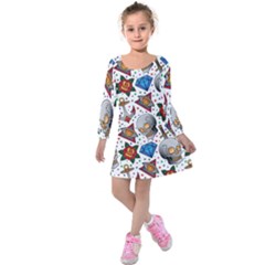 Full Color Flash Tattoo Patterns Kids  Long Sleeve Velvet Dress by Wegoenart