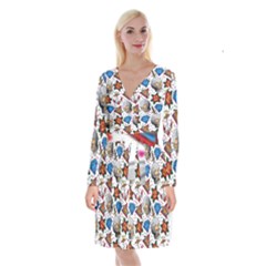 Full Color Flash Tattoo Patterns Long Sleeve Velvet Front Wrap Dress by Wegoenart