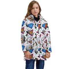 Full Color Flash Tattoo Patterns Kid s Hooded Longline Puffer Jacket by Wegoenart