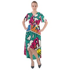 Comic Colorful Seamless Pattern Front Wrap High Low Dress by Wegoenart