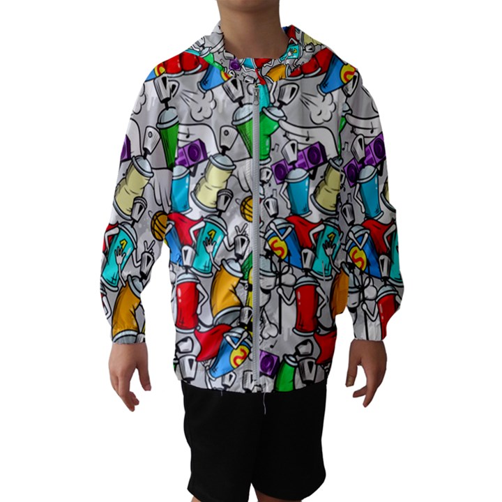 Graffit Characters Seamless Pattern Art Kids  Hooded Windbreaker