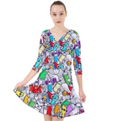 Graffit Characters Seamless Pattern Art Quarter Sleeve Front Wrap Dress