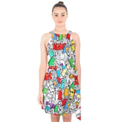 Graffit Characters Seamless Pattern Art Halter Collar Waist Tie Chiffon Dress