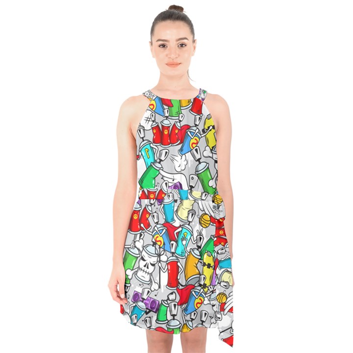 Graffit Characters Seamless Pattern Art Halter Collar Waist Tie Chiffon Dress