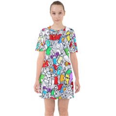 Graffit Characters Seamless Pattern Art Sixties Short Sleeve Mini Dress