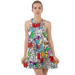 Graffit Characters Seamless Pattern Art Halter Tie Back Chiffon Dress