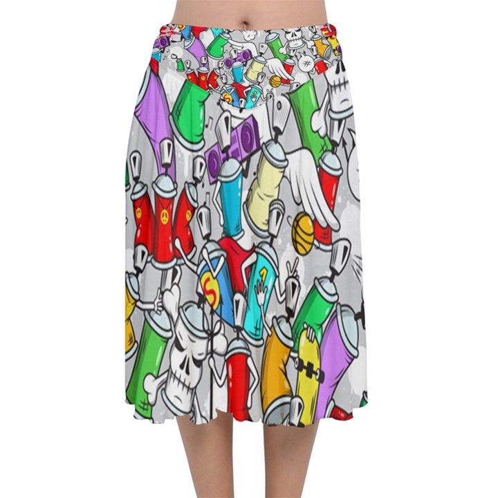 Graffit Characters Seamless Pattern Art Velvet Flared Midi Skirt