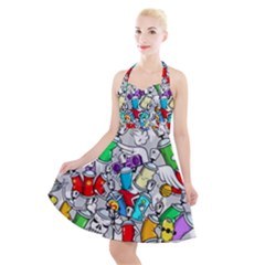 Graffit Characters Seamless Pattern Art Halter Party Swing Dress 