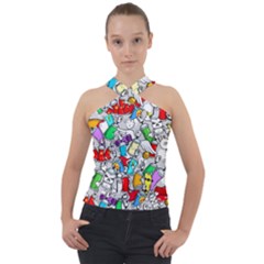 Graffit Characters Seamless Pattern Art Cross Neck Velour Top