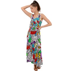 Graffit Characters Seamless Pattern Art V-Neck Chiffon Maxi Dress