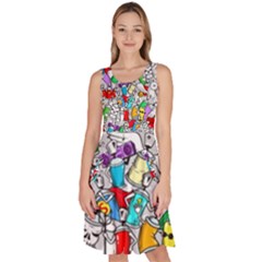 Graffit Characters Seamless Pattern Art Knee Length Skater Dress With Pockets