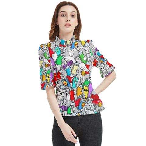 Graffit Characters Seamless Pattern Art Frill Neck Blouse by Wegoenart