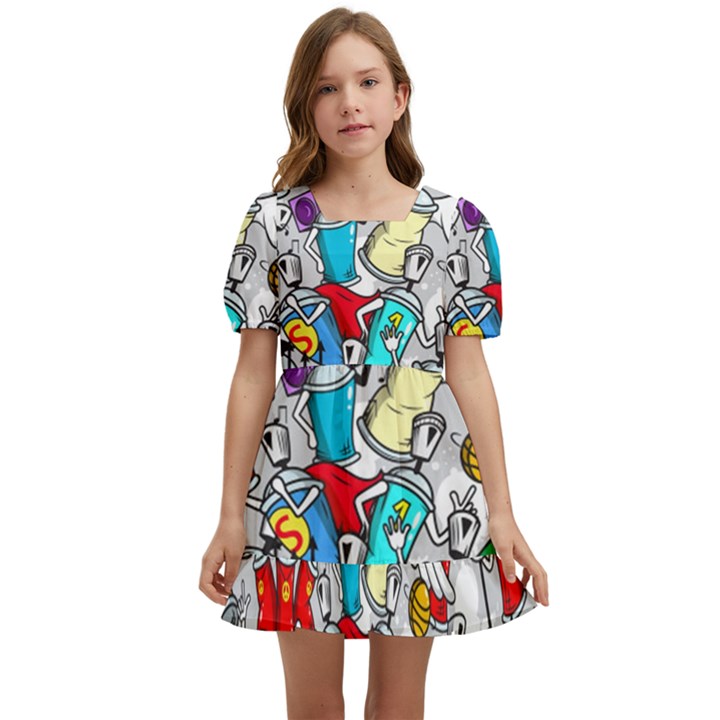 Graffit Characters Seamless Pattern Art Kids  Short Sleeve Dolly Dress