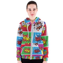 Pop Art Comic Vector Speech Cartoon Bubbles Popart Style With Humor Text Boom Bang Bubbling Expressi Women s Zipper Hoodie by Wegoenart