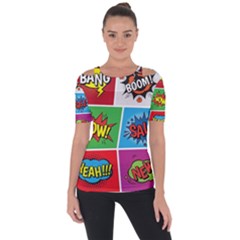 Pop Art Comic Vector Speech Cartoon Bubbles Popart Style With Humor Text Boom Bang Bubbling Expressi Shoulder Cut Out Short Sleeve Top by Wegoenart