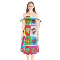 Pop Art Comic Vector Speech Cartoon Bubbles Popart Style With Humor Text Boom Bang Bubbling Expressi Shoulder Tie Bardot Midi Dress by Wegoenart