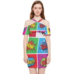 Pop Art Comic Vector Speech Cartoon Bubbles Popart Style With Humor Text Boom Bang Bubbling Expressi Shoulder Frill Bodycon Summer Dress by Wegoenart