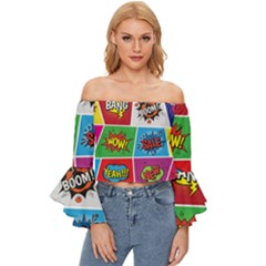 Pop Art Comic Vector Speech Cartoon Bubbles Popart Style With Humor Text Boom Bang Bubbling Expressi Off Shoulder Flutter Bell Sleeve Top by Wegoenart