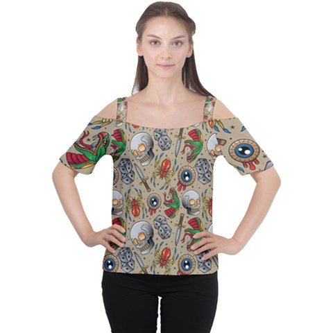 Tattoo Pattern Cutout Shoulder Tee by Wegoenart