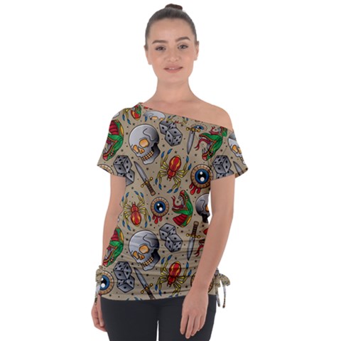 Tattoo Pattern Off Shoulder Tie-up Tee by Wegoenart